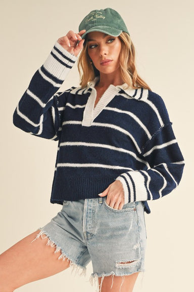 FELIA SWEATER- striped, navy and white,v-neck,collared, sweater