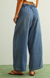 Person wearing blue wide-leg jeans on a plain background