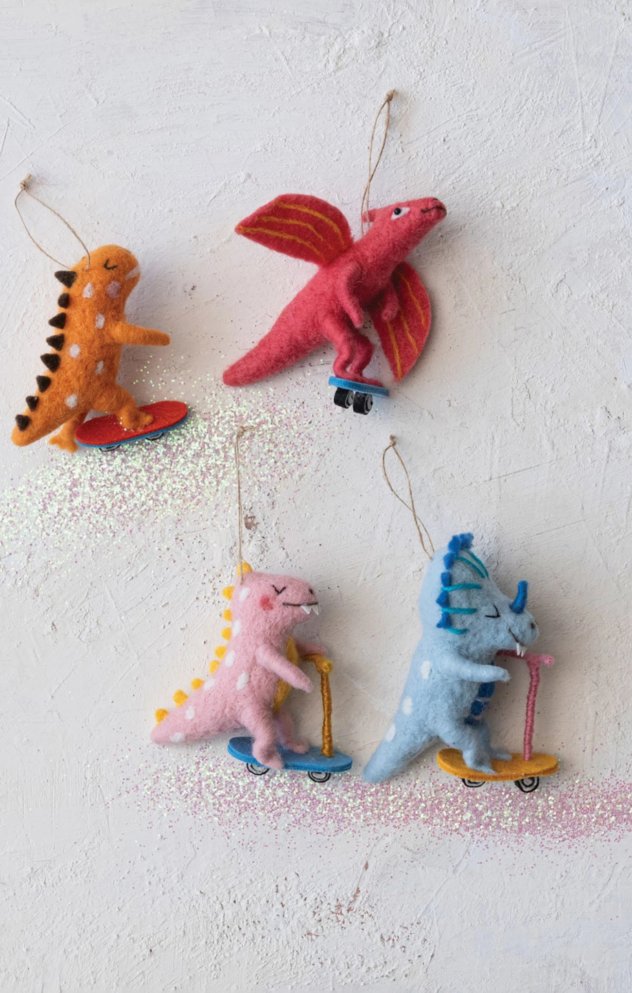 Felt Dinosaur on Skateboard/Scooter Ornament