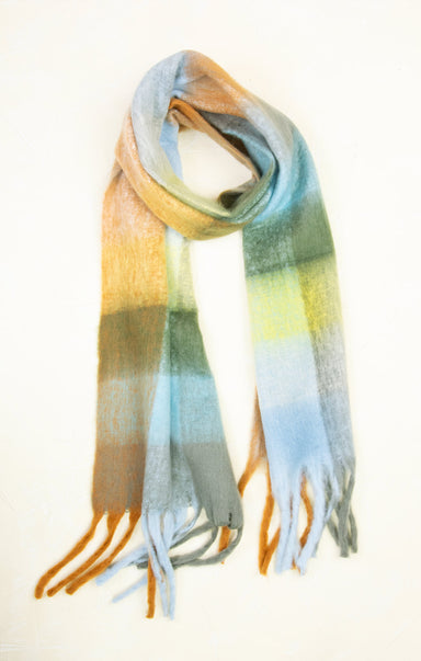 Gradient scarf with orange, yellow, and blue colors on a white background
