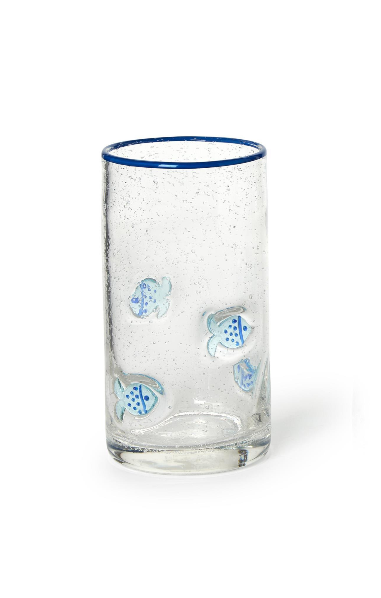 Clear glass tumbler with blue rim and turtle designs on a white background