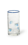 Clear glass tumbler with blue rim and turtle designs on a white background