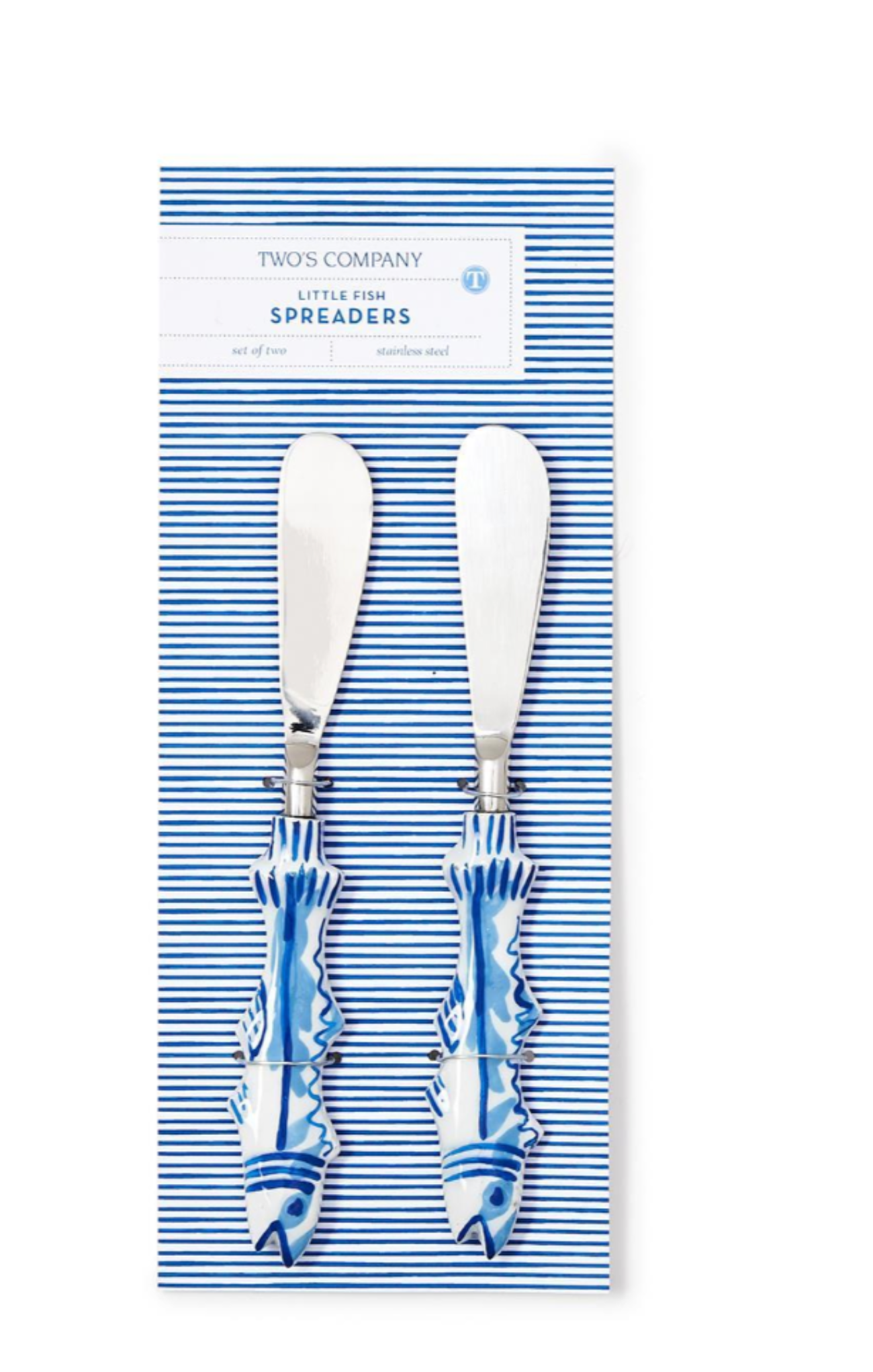 Two decorative spreaders in packaging with a blue and white striped pattern.