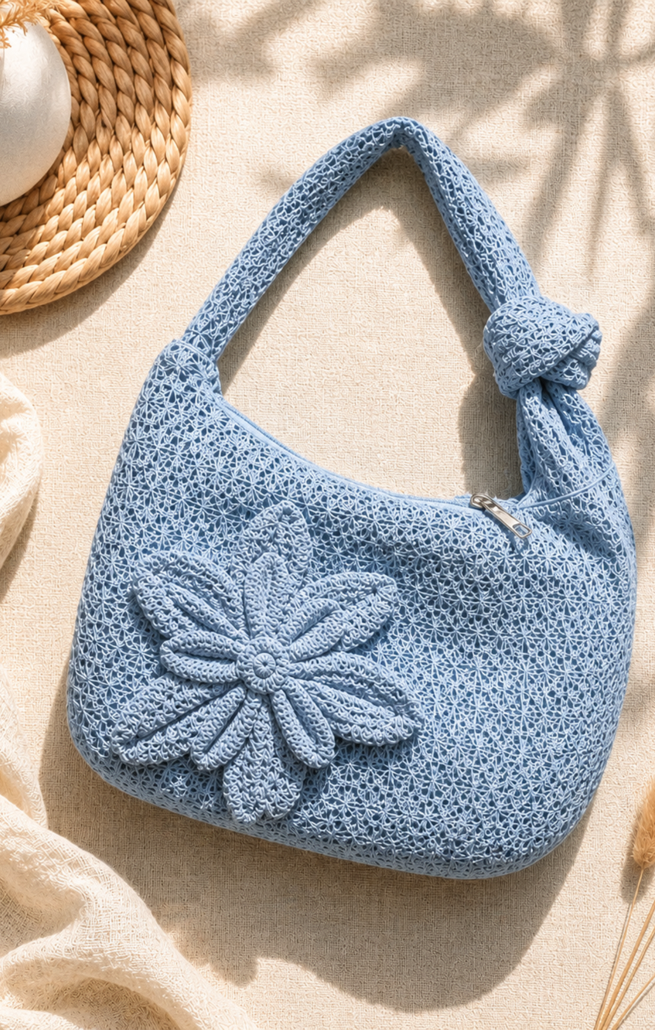 Blue crochet handbag with a flower detail on a beige surface