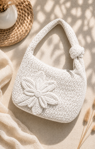 White textured handbag with floral detail on a beige surface