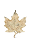 A gold maple leaf brooch with a textured, hammered finish, displayed on a clean white background.