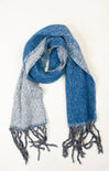 Blue and gray scarf with fringes on a white background