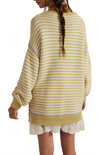 Person wearing a yellow and white striped sweater with a plain background