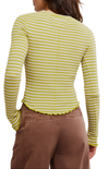 Person wearing a yellow and white striped long-sleeve shirt with brown pants on a white background