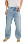 Light blue jeans worn by a person on a white background