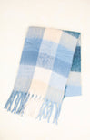 Plaid scarf with blue and beige colors on a white background