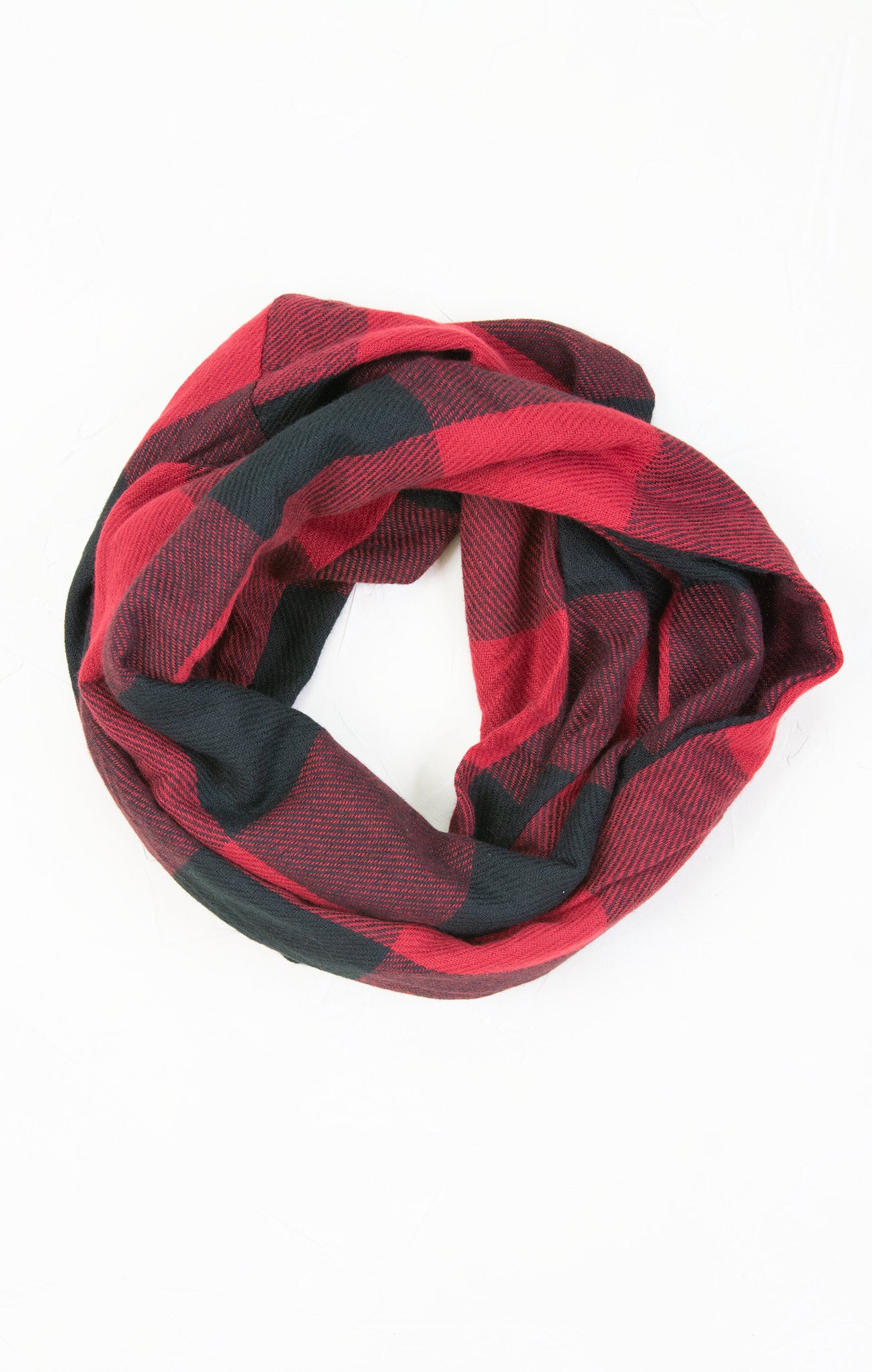 Red and black checkered infinity scarf on a white background