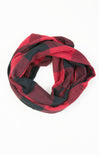 Red and black checkered infinity scarf on a white background