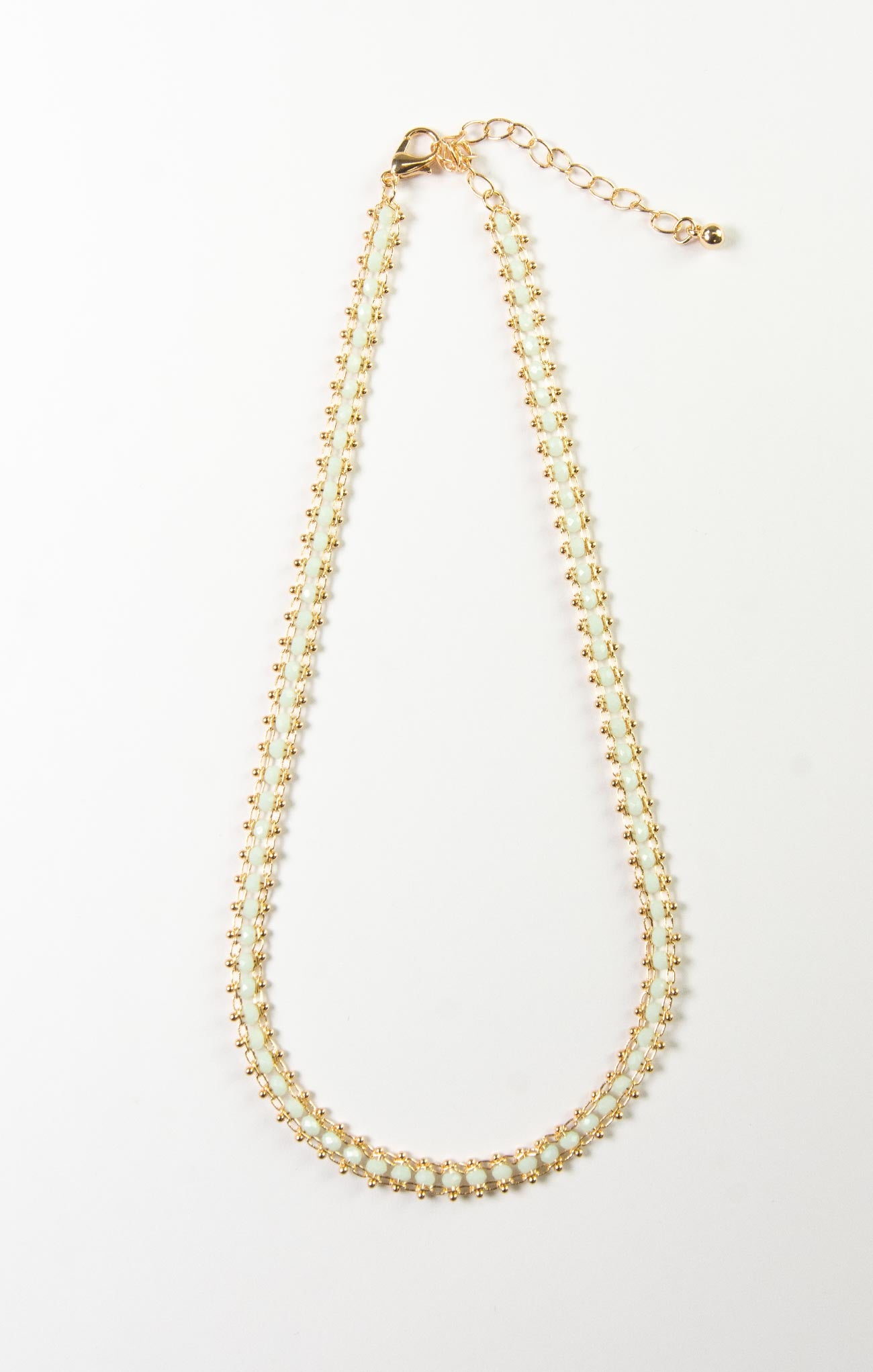 GLASS BEAD CHAIN CHOKER-white,grey gold,gold chain,clasp closure,double beaded