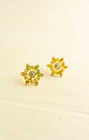 Pair of yellow flower-shaped earrings on a beige background