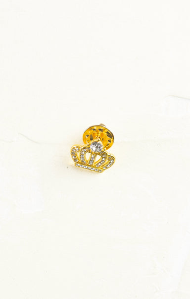 Gold crown-shaped earring with a yellow gemstone on a white background