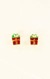 Pair of earrings shaped like gift boxes with green bows on a white background