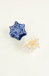 Two decorative snowflake ornaments on a white background