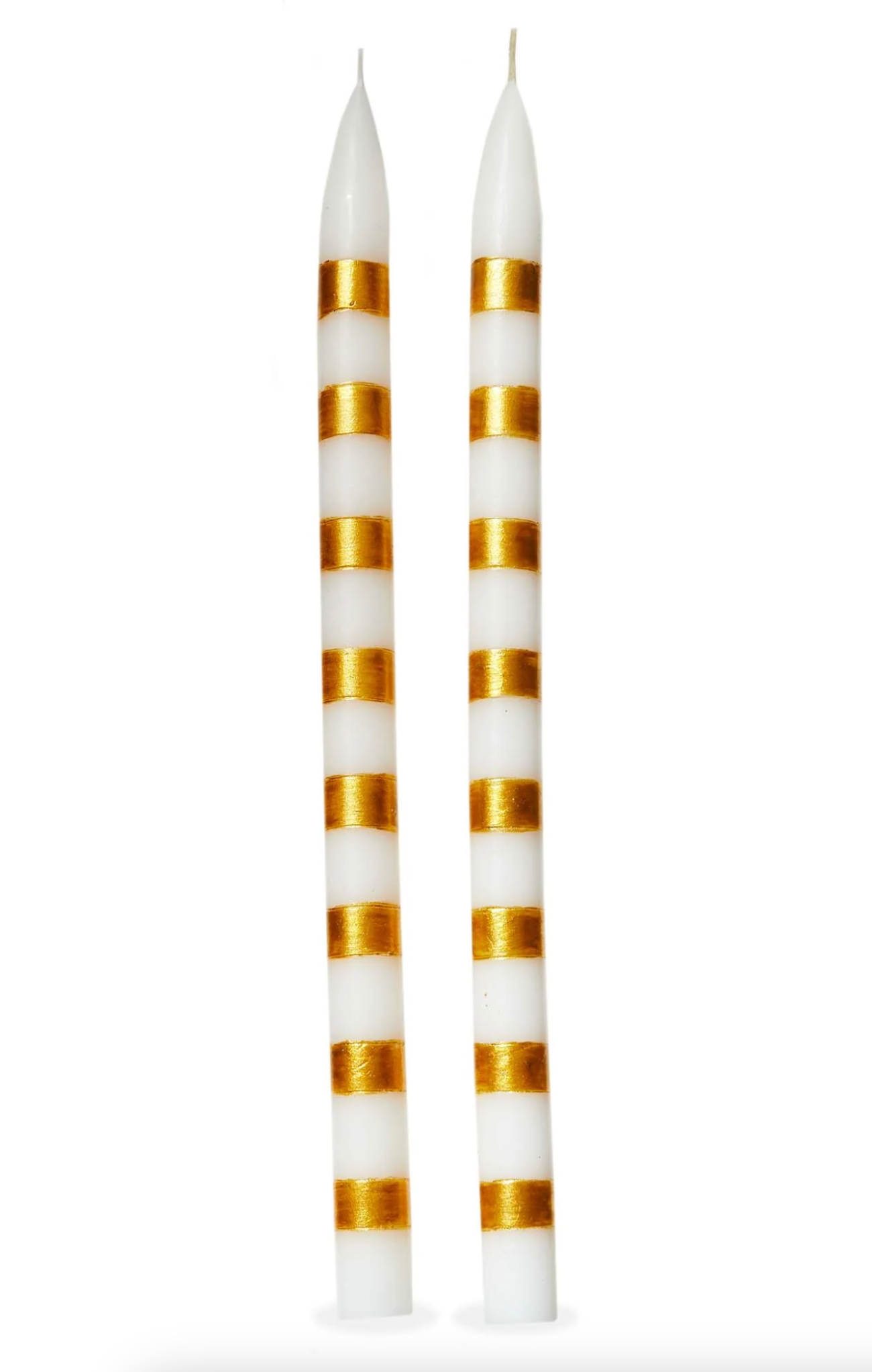 Two white candles with gold stripes on a white background