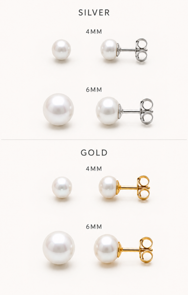 Pearl earrings in silver and gold with different sizes on a white background