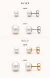 Pearl earrings in silver and gold with different sizes on a white background