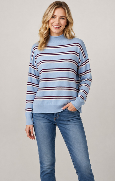A woman wearing a light blue mock-neck sweater with horizontal navy and burgundy stripes, paired with blue jeans, against a solid light gray studio background.