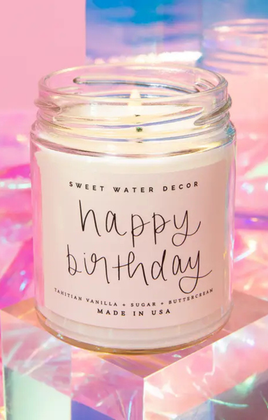 Candle in a jar with 'Happy Birthday' text on a colorful background