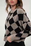 HARLEQUIN CREW SWEATER-black,checkered print,long sleeve,round neck