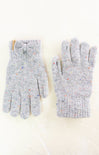 Pair of gray gloves with colorful speckles on a white background
