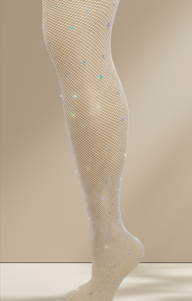 Beige fishnet tights with multicolored specks on a beige background