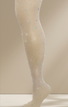 Beige fishnet tights with multicolored specks on a beige background