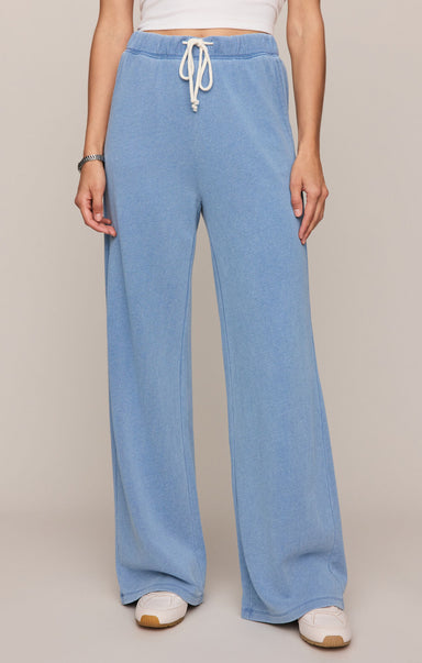 Light blue wide-leg pants with a drawstring waist on a plain background