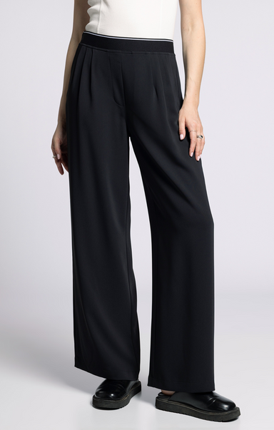 Person wearing black wide-leg pants on a plain background