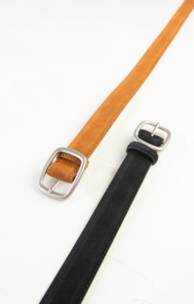 Two belts, one brown and one black, with silver buckles on a white background.