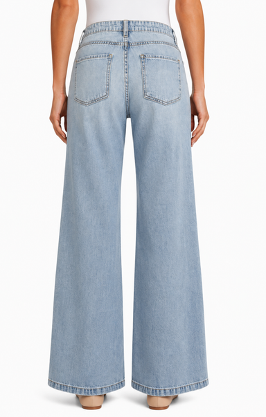 Light blue wide-leg jeans worn by a person on a white background