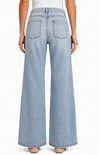 Light blue wide-leg jeans worn by a person on a white background
