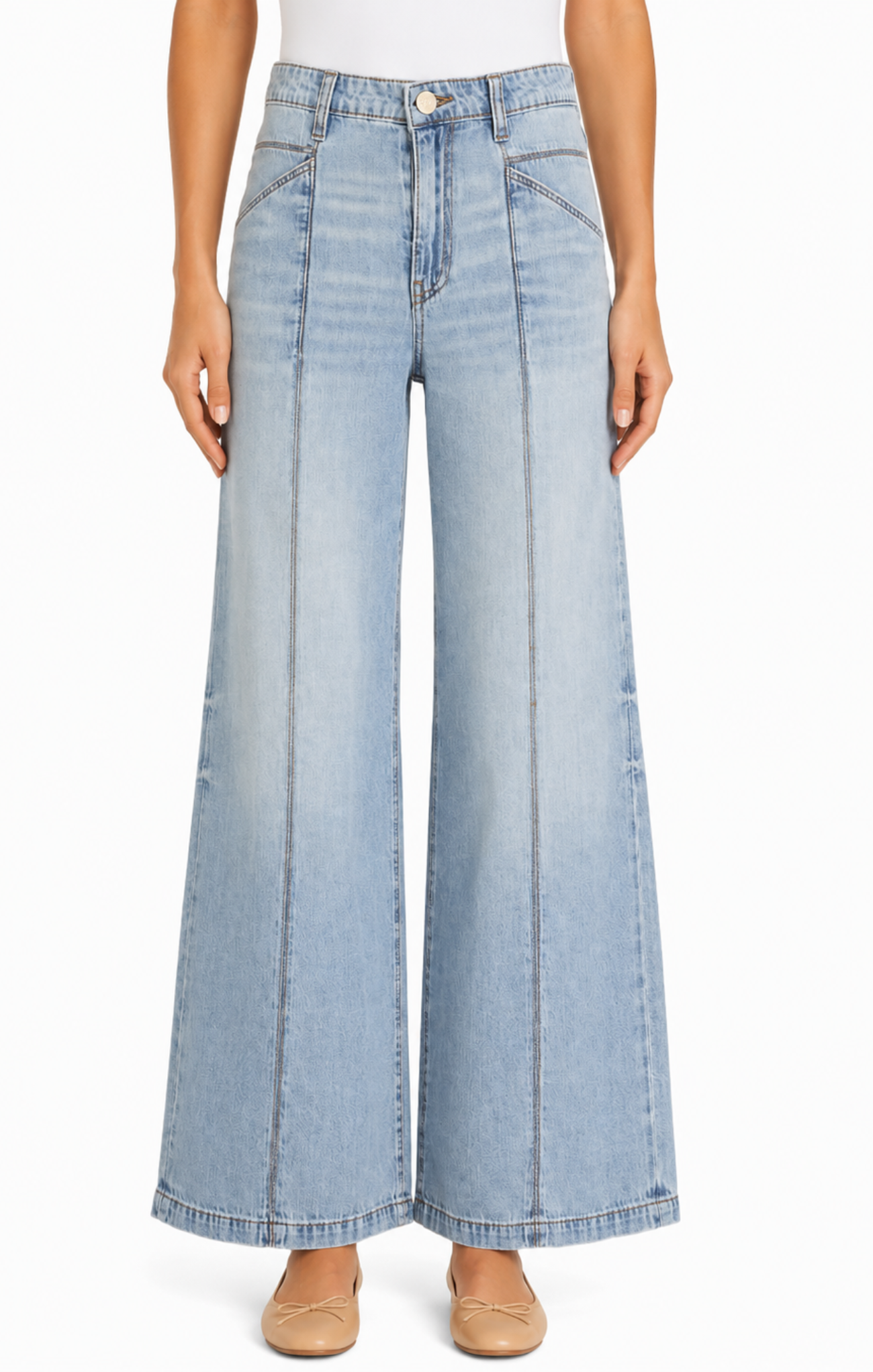 Light blue wide-leg jeans worn by a person on a white background