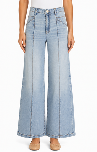 Light blue wide-leg jeans worn by a person on a white background