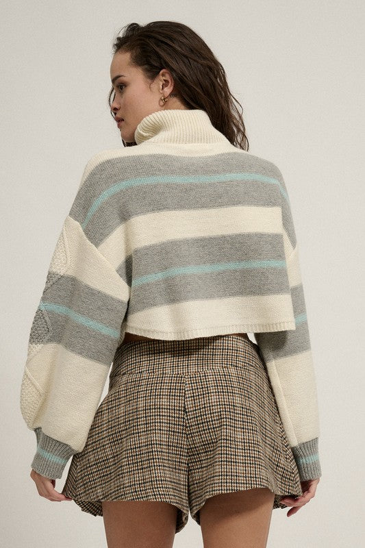 JOSEPHINE CROPPED TURTLENECK SWEATER-cream,blue and grey stripes,cable knit,long sleeves,turtleneck,cropped