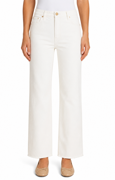 Person wearing white wide-leg jeans on a plain background