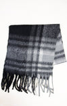 Plaid scarf with black, gray, and white colors on a white background