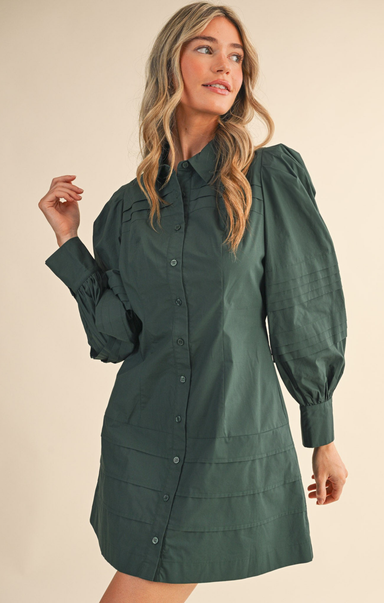 Woman wearing a green dress with puffed sleeves on a beige background