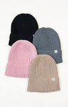 Four knit beanie hats in black, pink, gray, and beige on a white background