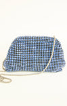 Blue clutch bag with rhinestone embellishments on a white background