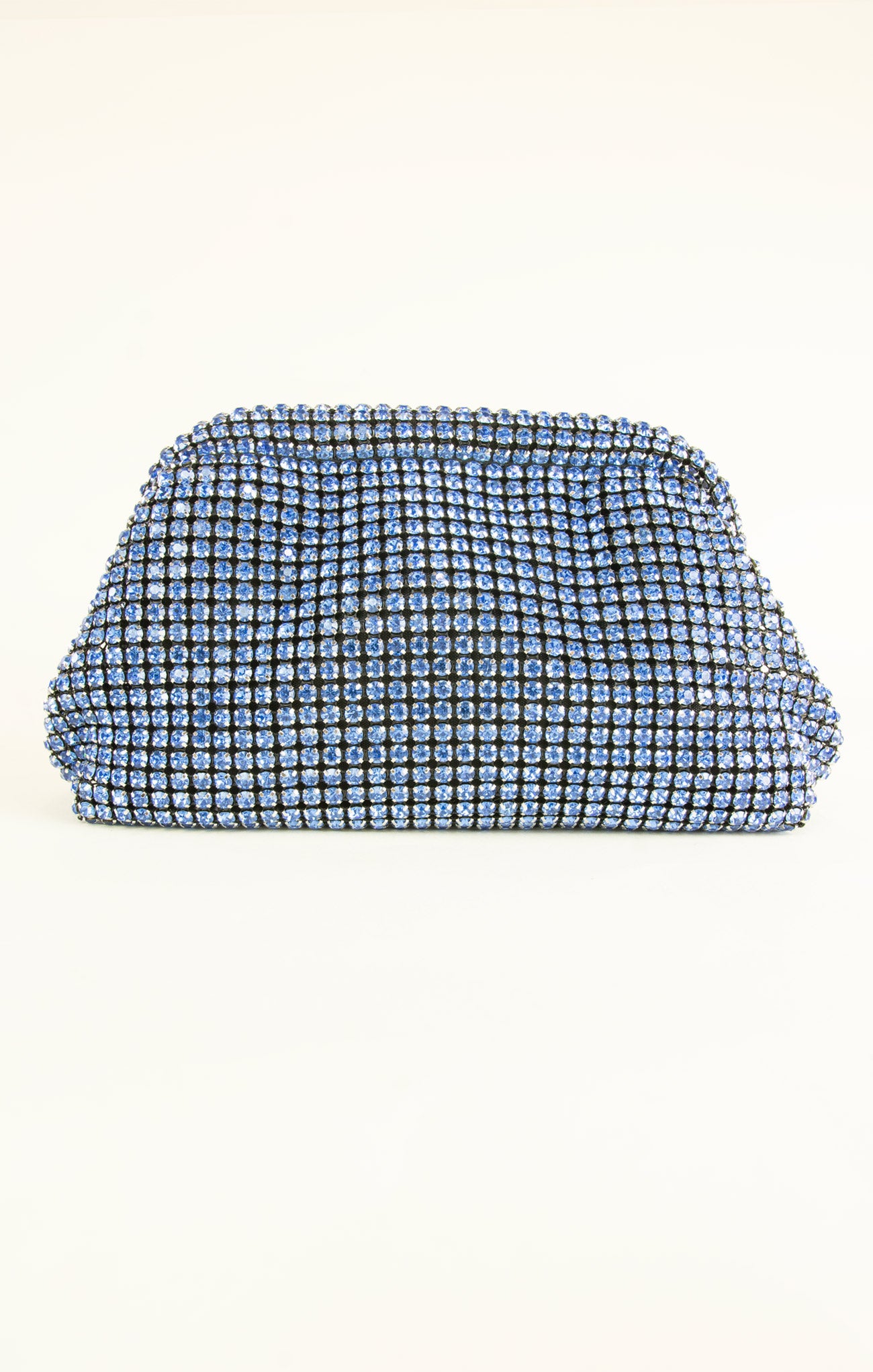 Blue clutch bag with crystal embellishments on a white background