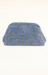 Blue clutch bag with crystal embellishments on a white background