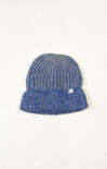 Blue knitted beanie hat on a white background
