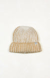Knitted beanie with a striped pattern on a white background