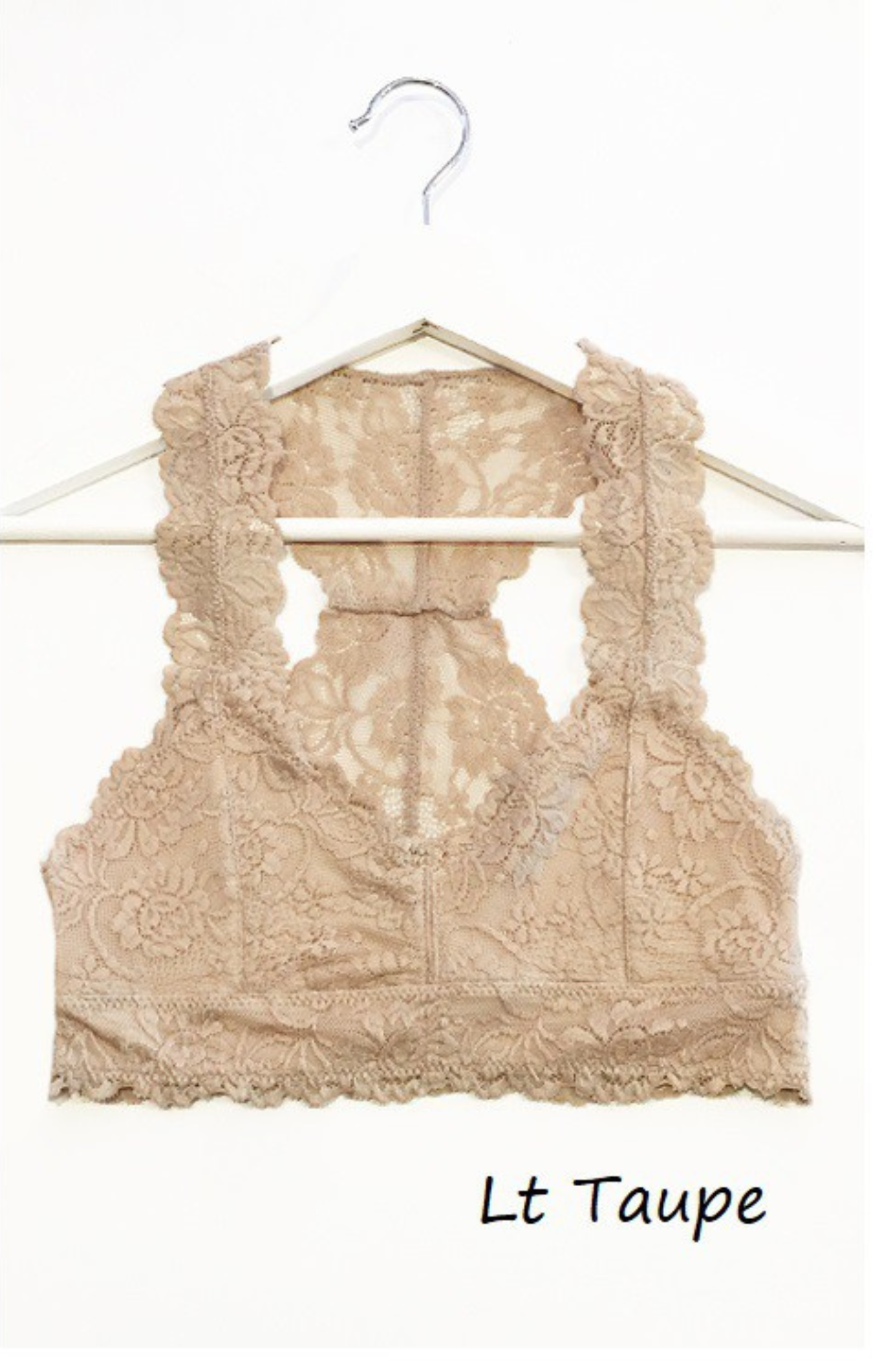 Light taupe lace top on a hanger with 'Lt Taupe' text below.