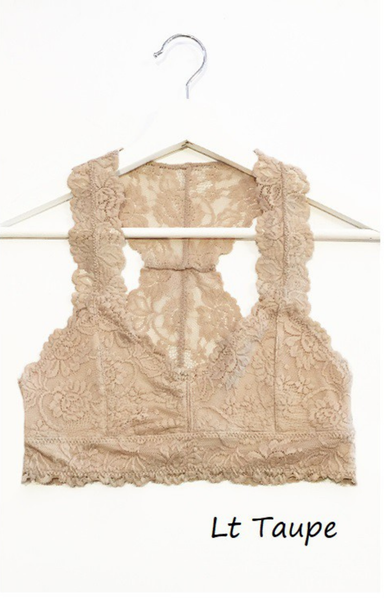 Light taupe lace top on a hanger with 'Lt Taupe' text below.